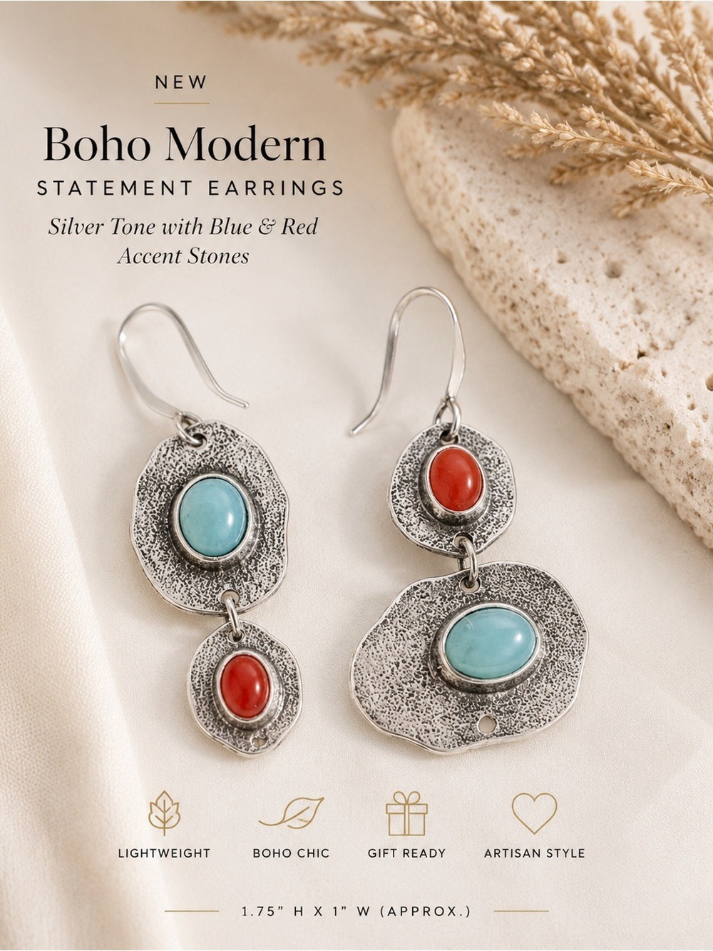 NEW Boho Modern Silver-Tone Statement Drop Earrings | Blue & Red Accent Stones